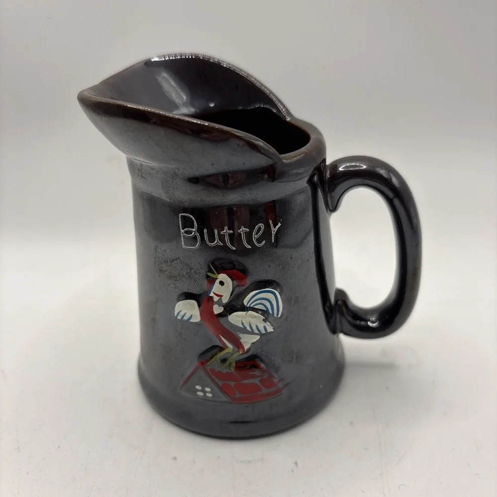 Vtg 50s Redware‎ Rooster Pottery Pancake Pitchers Batter Syrup Butter Japan